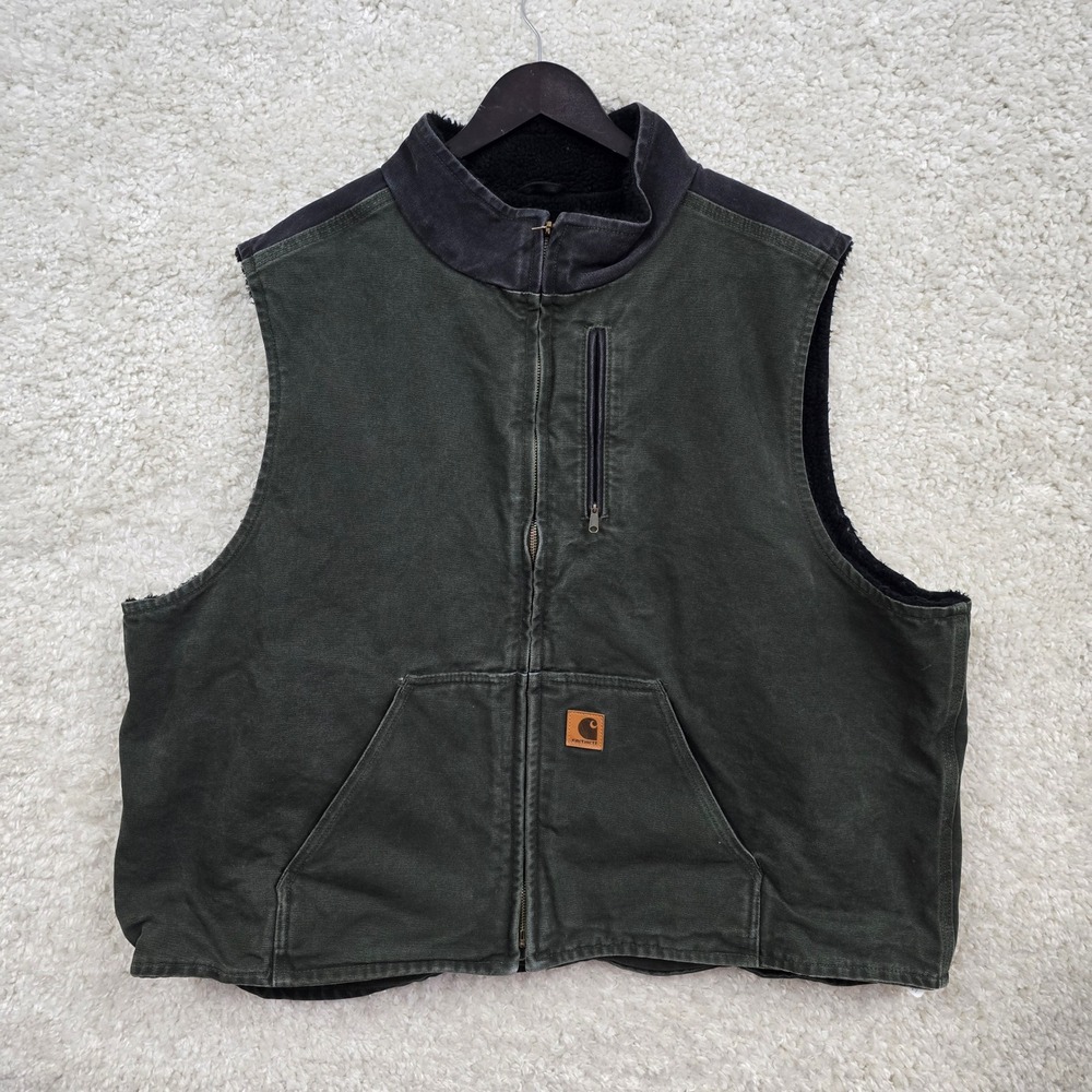 Carhartt Sandstone Duck Vest Mens 3XL Green Sherpa Lined Workwear V33 355